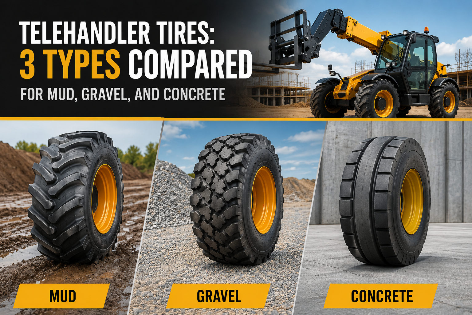 Telehandler Tires: 3 Types Compared for Mud, Gravel, and Concrete